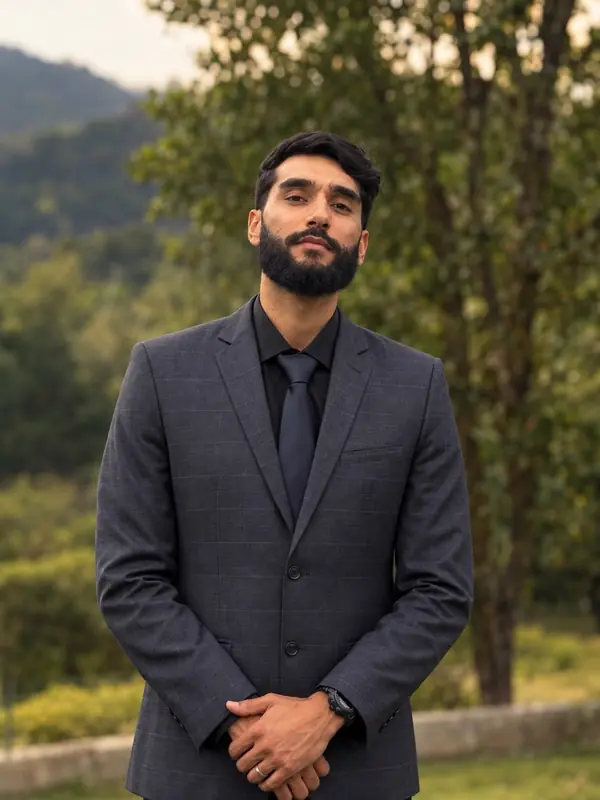Retrato de Wendryo Fernandes, de terno cinza-escuro, camisa preta e gravata, com árvores e montanhas ao fundo.